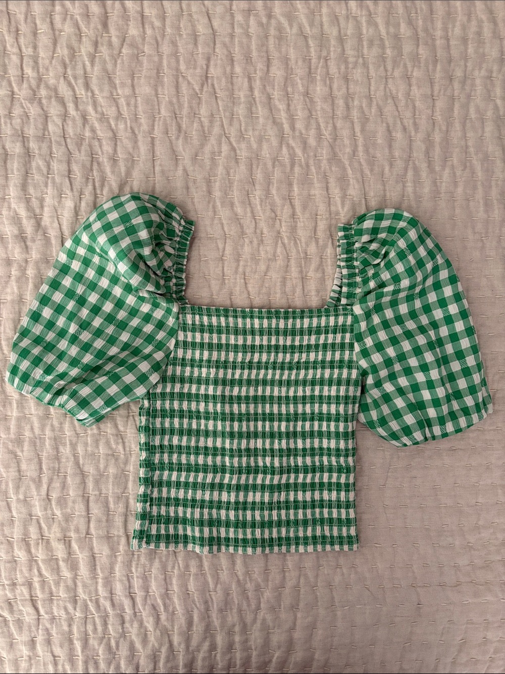 BB Dakota Green Gingham Smocked Puff Sleeve Crop Top